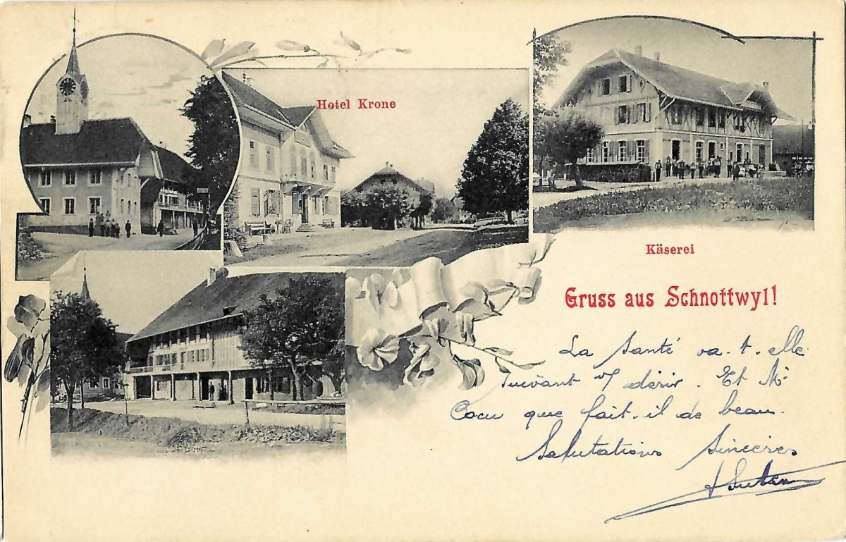 <p>Gruss aus Schnottwil : Kirche , Hotel Krone , Käserei , Mitte unten leichter Einriss , 15.3.1901</p>